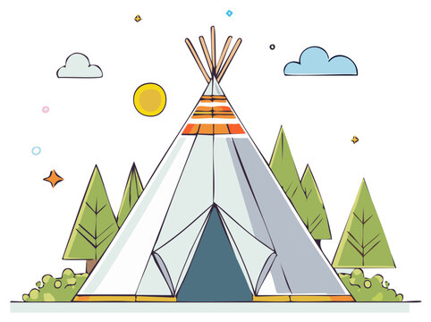 Cartoon illustration of a traditional tipi tent in a natural forest setting with sun, clouds, and bushes, ideal for outdoor themes.