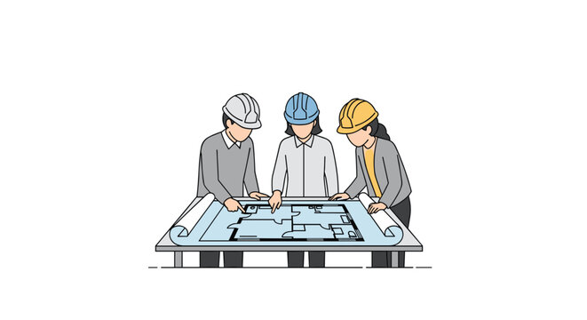 Three professional construction workers lean over a large blue architectural blueprint spread across a table surface while discussing technical plans in a bright environment.