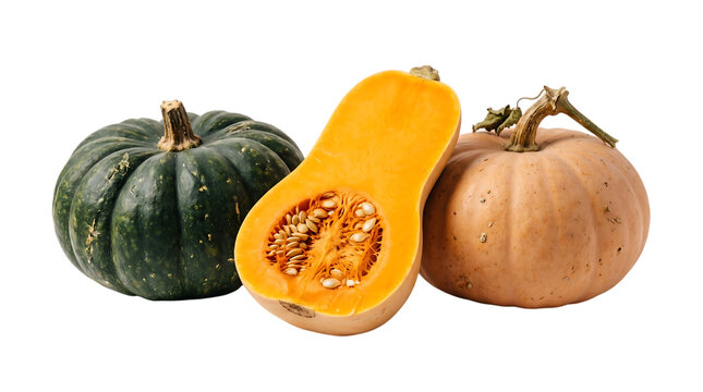 Variety of winter squash kabocha buttercup and red kuri on black background