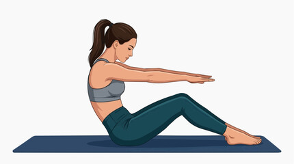 Fototapeta premium A woman in workout clothes demonstrates a classic Pilates exercise, with a focus on core strength and graceful movements. Perfect for illustrating health and wellness concepts.