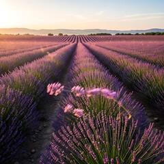 Obraz premium Lavender Field at Sunset - A Serene Landscape.