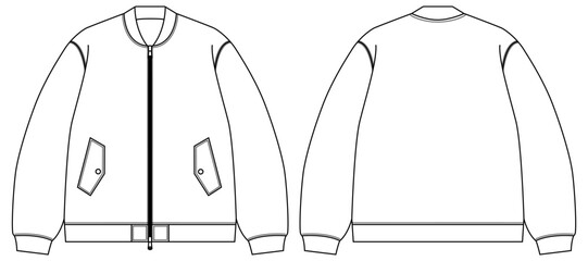 Zip up bomber jacket technical fashion flat sketch, front open and back view, sleeve pocket, cad drawing flat vector © Never Give up 