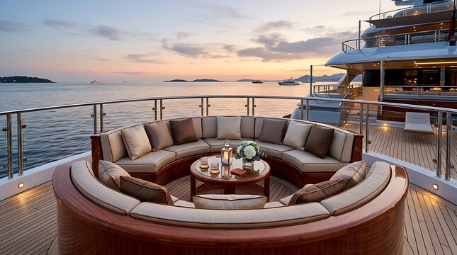 Luxury super yacht circular lounge on deck with sunset ocean view and elegant furniture design