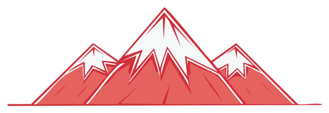 Stylized red mountain range with snow capped peaks against a white background
