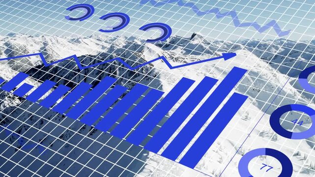 Translucent grid appearing over snowy peaks, blue graphs entering and mapping terrain data visually