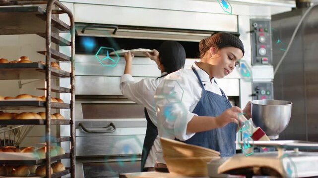 Two bakers mixing glaze while second baker opening oven, blue-green hexagons showing bake progress