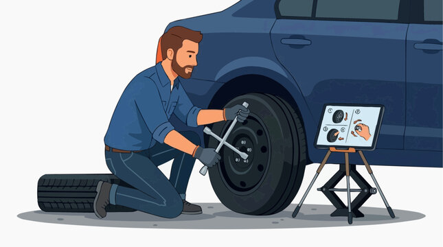A person demonstrates how to change car tire and shows tutorial instructions in illustration style.