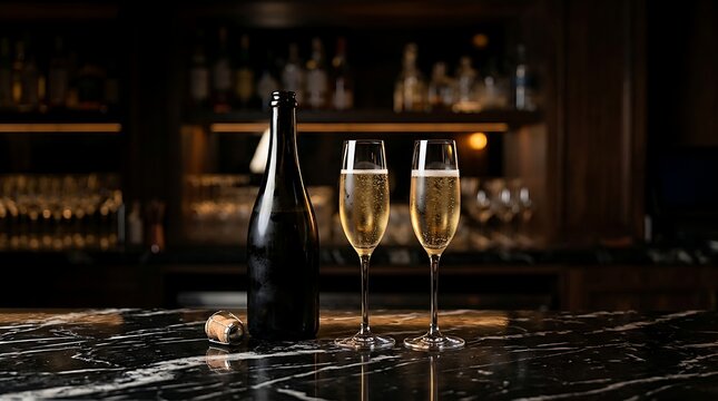 Two glasses of sparkling champagne and a bottle on elegant dark marble bar counter in luxury restaurant interior
