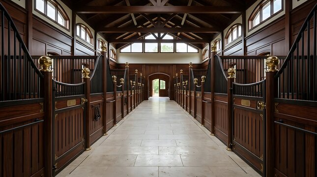 Luxury equestrian stable interior with elegant dark wood stalls, brass accents, and high vaulted ceilings in symmetrical composition
