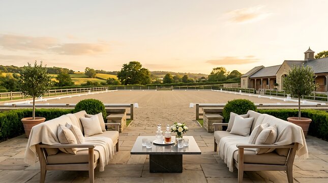 Luxury outdoor patio lounge on an equestrian estate with sunset views over a horse riding arena