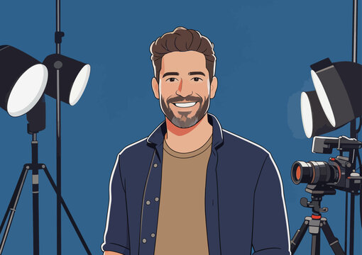 Smiling Male Creator in Professional Photo Studio Setup