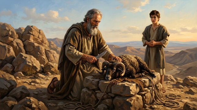 Abraham and isaac with ram sacrifice on stone altar in desert mountain landscape biblical scene