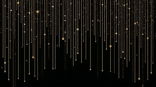 Golden glitter hanging strings on black background