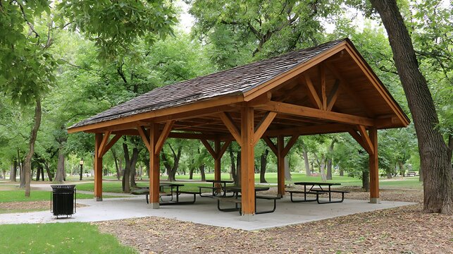 Wooden picnic pavilion in a lush green city park