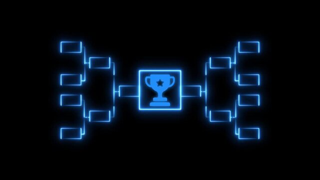 Neon blue tournament bracket with winner trophy competition