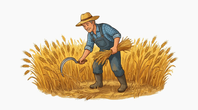 A depiction of a farmer diligently reaping a bountiful harvest of golden wheat, embodying the essence of rural life and agricultural labor.