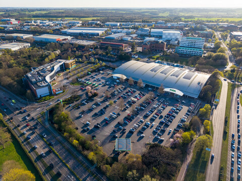 Asda supermarket and car park aerial view in Stevenage. The company became a subsidiary of the American corporate giant Walmart after a &pound;6.7 billion takeover