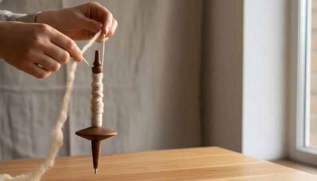 Hands of a woman spinning yarn with spindle using raw wool fibers for a traditional artisan craft concept and sustainable hobby lifestyle in soft natural light