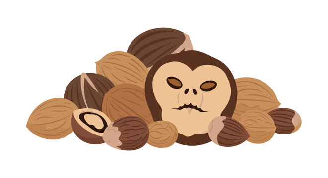A central large nut featuring a carved face rests atop a pile of various whole and cracked hazelnuts in a detailed flat graphic illustration for decorative use.