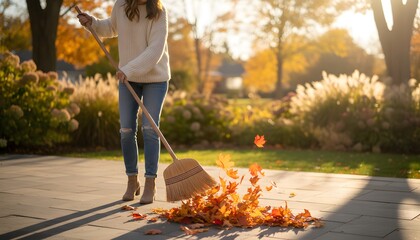 Naklejka premium Woman sweeping leaves from yard during a golden autumn afternoon, cleaning the stone patio for a seasonal home maintenance concept with warm sunlight and fall foliage