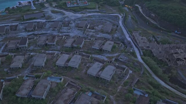 Aerial view of abandoned hotel construction site in bali