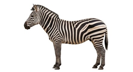 Obraz premium Striped Zebra Standing in Side Profile on White Background