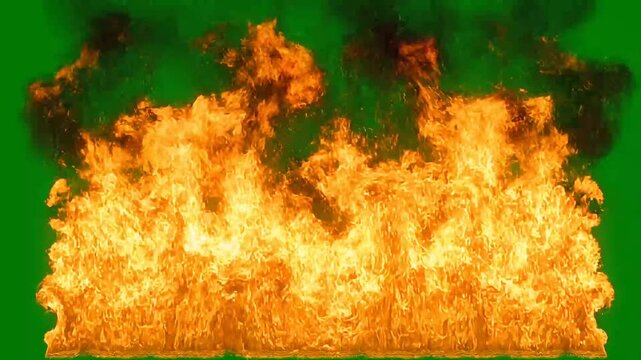 A vibrant, intense wall of orange and yellow flames burning brightly against a solid green screen background, suitable for visual effects.
