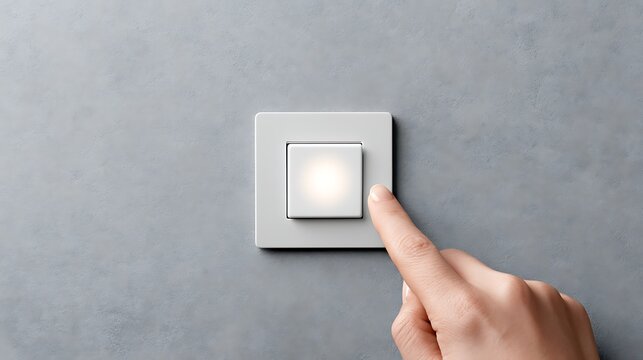 A hand pressing a glowing light switch on a textured grey wall