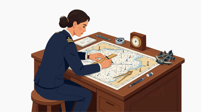 A professional navigator charts a course, meticulously plotting and analyzing maps, charting a voyage through seas and oceans.