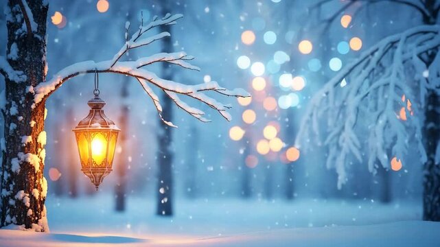 Frosted tree branch with a glowing lantern and winter bokeh