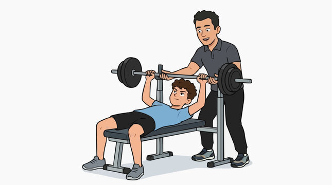 An illustration showing a weightlifter training on a bench with spotter.