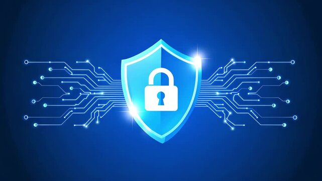 Cybersecurity data protection shield animation with digital lock icon secure network encryption background video
