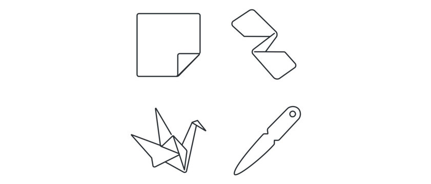 Professional Origami and Paper Craft Vector Icon Set with Editable Stroke, including square paper, folding process, paper crane, and bone folder scoring tool for creative design projects.