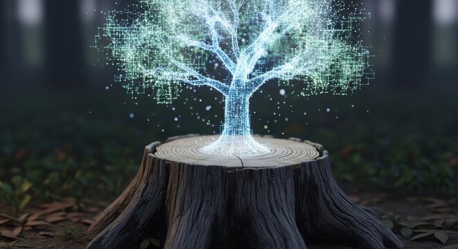 a glowing blue tree growing out of a cut stump in the forest with digital elements and particles aro