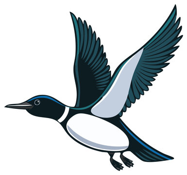 Diving Duck Cartoon Flying with Wings Spread Vector Graphic Illustration