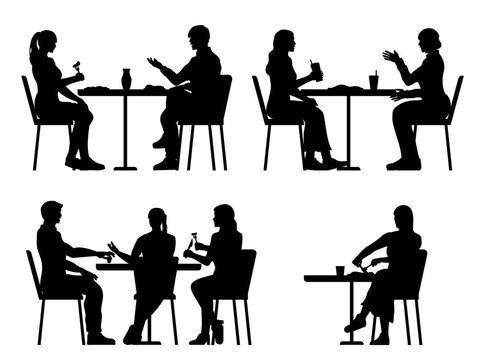 set of people dining side view silhouette, group of friends eating and talking in restaurant concept. black shadow vector illustration for architectural elevation, section.