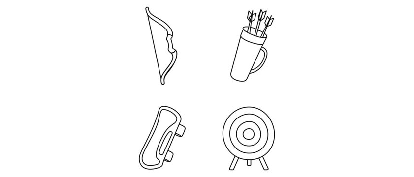 Archery Equipment Vector Icon Set with 4 Icons: Recurve Bow, Quiver with Arrows, Arm Guard, and Bullseye Target. Minimalist Line Art with Editable Stroke for Sports and Active Recreation Design.