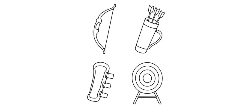 Archery Equipment Vector Icon Set with Editable Stroke: Collection of 4 Minimalist Line Icons Featuring a Recurve Bow, Quiver with Arrows, Arm Guard, and Bullseye Target for Sports Design Projects.