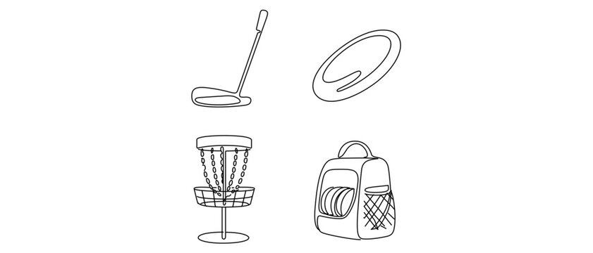 Disc Golf Equipment Vector Icon Set with Editable Stroke featuring Target Basket, Putter, Flying Disc, and Gear Bag. Minimalist Line Art Collection for Active Recreation and Sports Design.