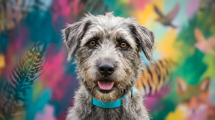Fototapeta premium Scruffy grey terrier mix dog portrait in front of colorful abstract graffiti mural with animal silhouettes