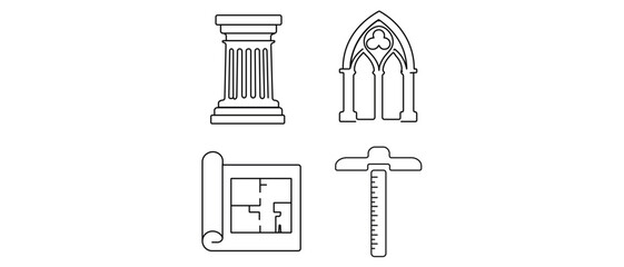 Naklejka premium Classical Architecture and History Vector Icon Set with Editable Stroke featuring Doric Column, Gothic Arch, Blueprint Floor Plan, and T-Square Drafting Tool for Design and Archaeology.