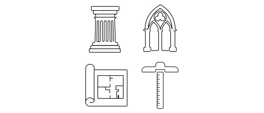 Classical Architecture and History Vector Icon Set with Editable Stroke featuring Doric Column, Gothic Arch, Blueprint Floor Plan, and T-Square Drafting Tool for Design and Archaeology.