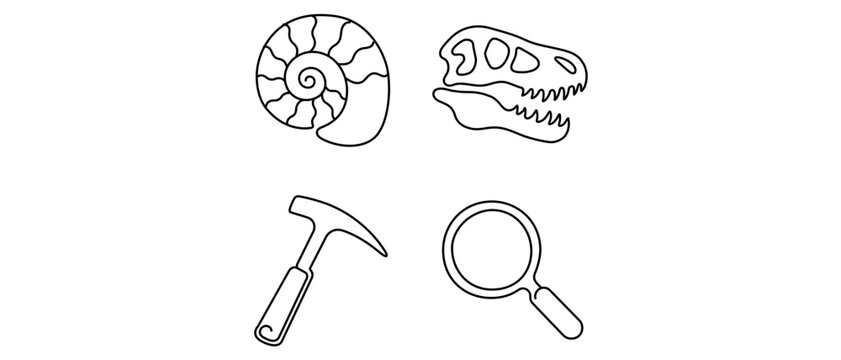 Palaeontology and Archaeology Vector Icon Set with Editable Stroke featuring Ammonite Fossil, Dinosaur Skull, Rock Hammer, and Magnifying Glass for Field Work, Science, and History Research.