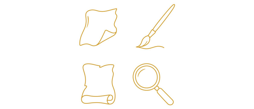 Medieval Manuscript Illumination Vector Icon Set with Editable Stroke. Collection of 4 Icons featuring Gold Leaf Sheet, Fine Paint Brush, Vellum Parchment Page, and Magnifying Glass.