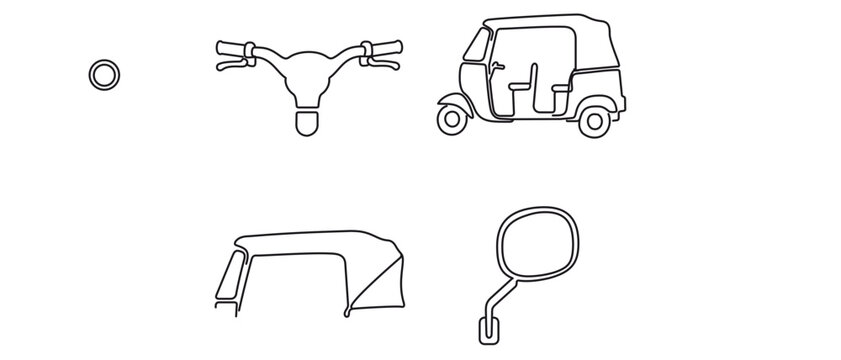 Tuk-tuk Auto Rickshaw Vector Icon Set with Editable Stroke. Collection of 4 Minimalist Line Icons featuring Handlebars, Three-Wheeled Vehicle, Canvas Roof, and Rearview Mirror for Transport Design.