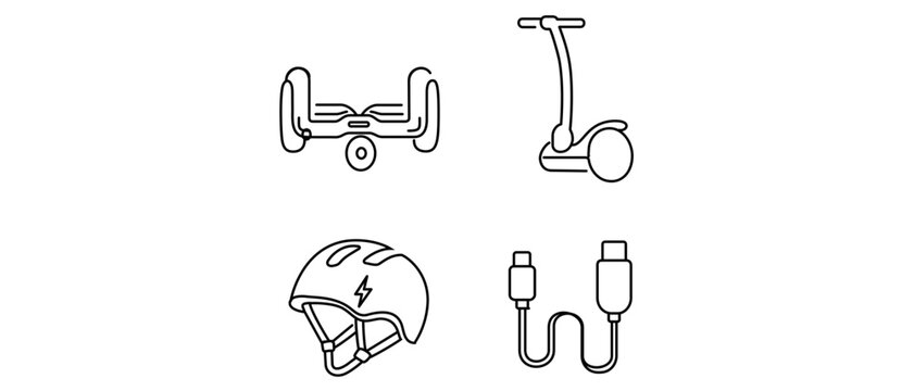 Personal Electric Vehicle Vector Icon Set of 4: Hoverboard, Segway, Safety Helmet, and Charging Cable. Editable Stroke Line Art for Urban Mobility, Eco-Friendly Transport, and Safety Gear.