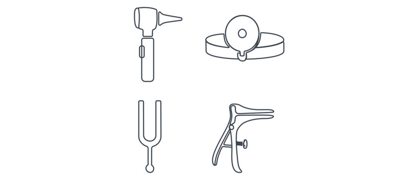Medical Diagnostic Instruments Vector Icon Set featuring Otoscope, Head Mirror, Tuning Fork, and Speculum. Collection of 4 Minimalist Line Icons with Editable Stroke for Healthcare Design.