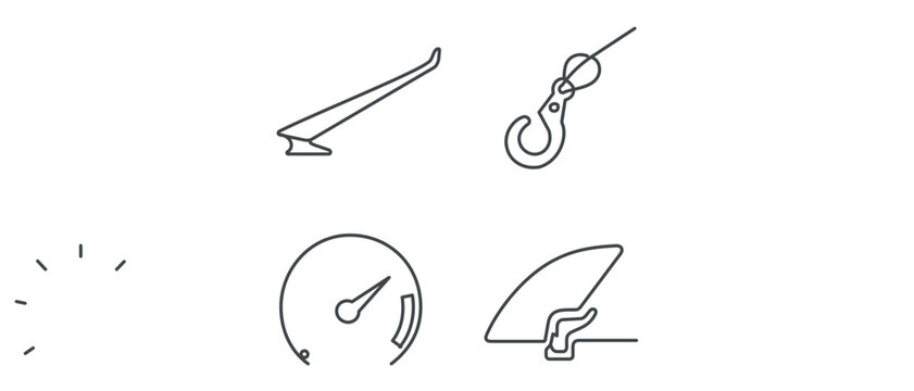 Aviation and Marine Glider Soaring Vector Icon Set with Editable Stroke. Collection of 4 Icons featuring Long Wing, Tow Hook, Airspeed Indicator, and Canopy Latch for Flight and Sailing Projects.