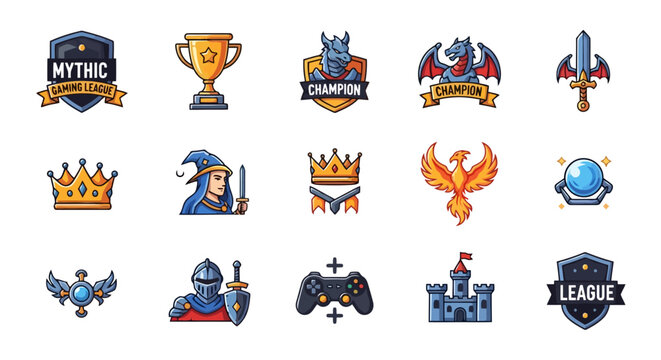 A collection of pixel art icons featuring fantasy and gaming elements like shields, dragons, swords, crowns, wizards, knights, and game controllers.