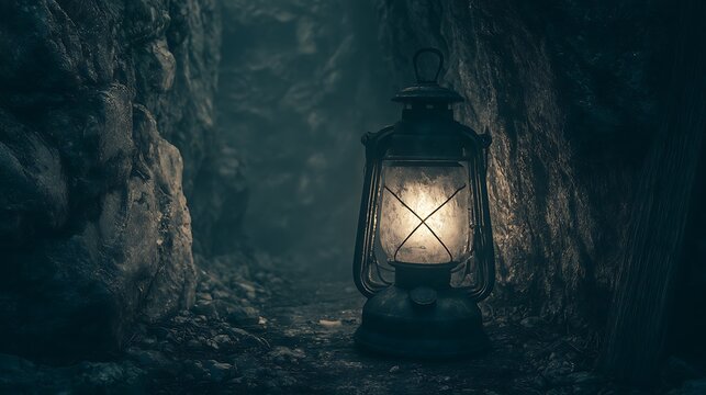 Old rustic lantern glowing in a dark mysterious cave tunnel